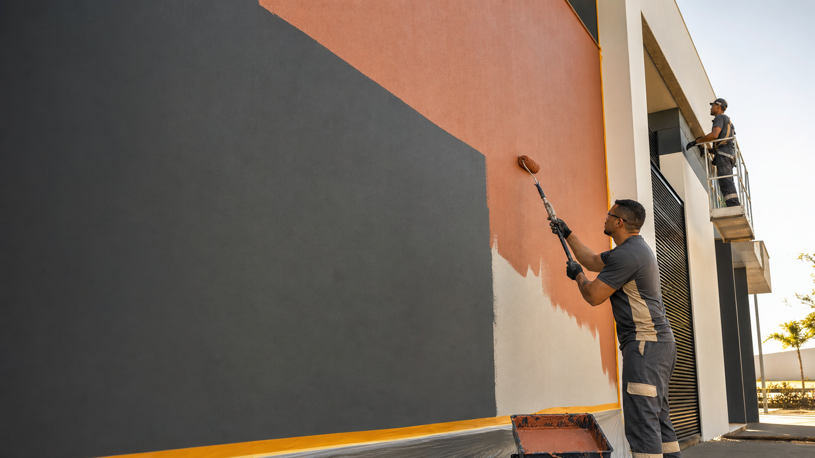 Equipe profissional aplicando pintura em fachada
